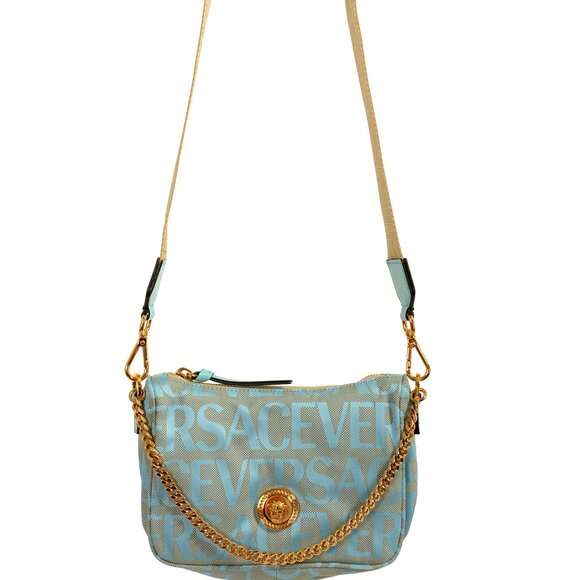 Versace Women's Blue Logo Print Gold Medusa Small Hobo Handbag Shoulder Bag - Picture 1 of 11